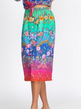 JOHNNY WAS - Rainbow Field Floral Ombre Lined Skirt Pockets 100% Cotton XL